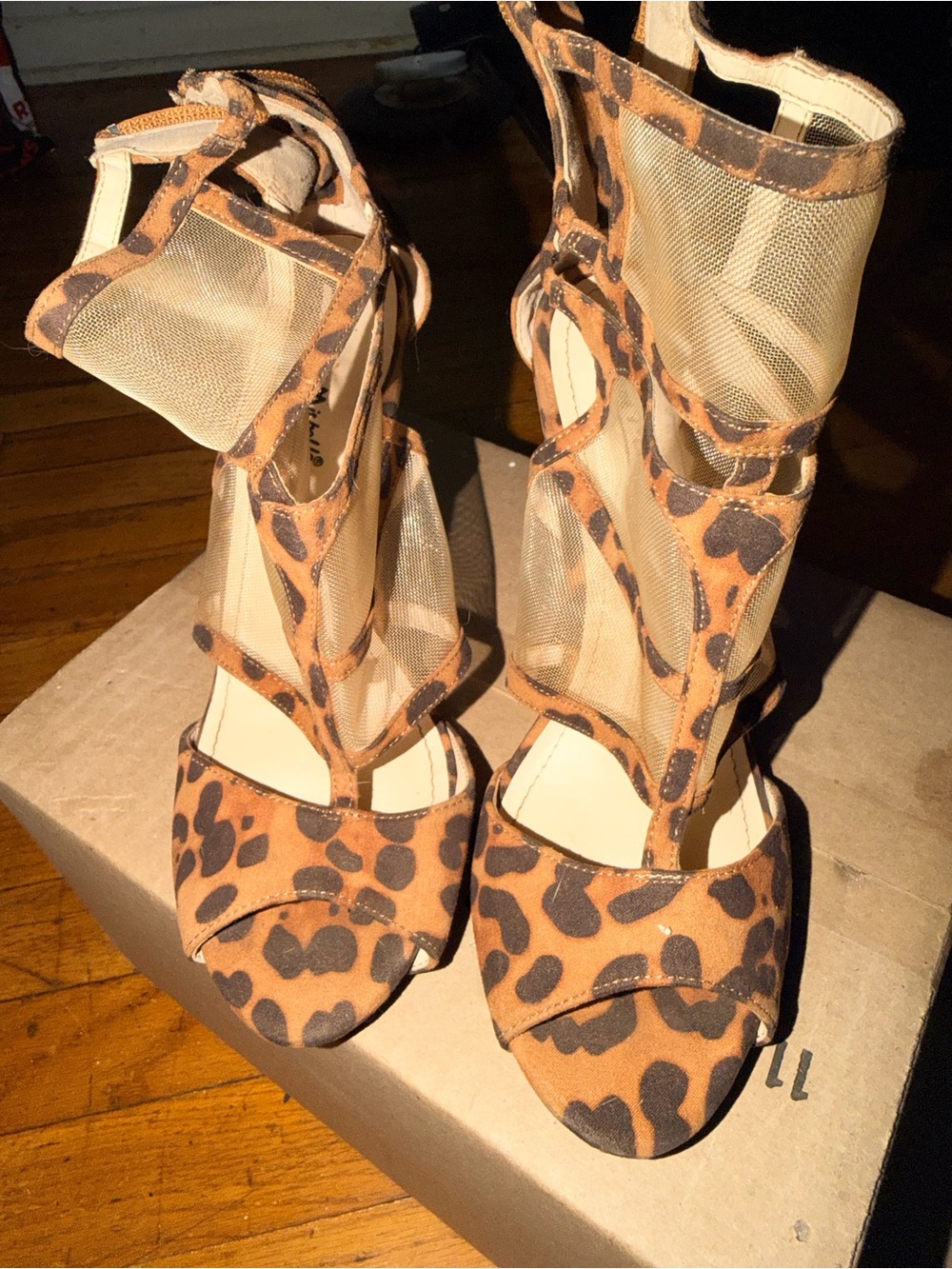 Anne Michelle Leopard Print Mesh Gladiator Heels in Brown and Black